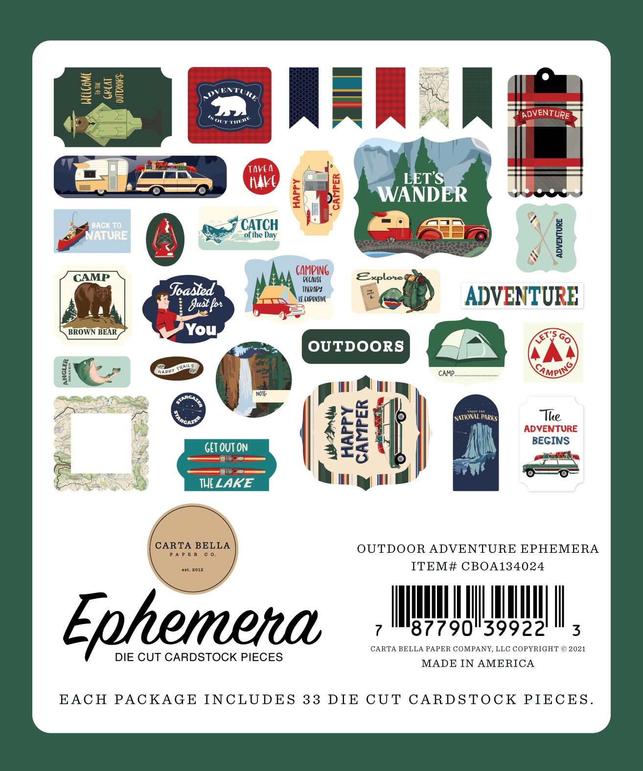 Outdoor Adventure Ephemera Die Cut Cardstock Pack.  Pack includes 33 different die-cut shapes ready to embellish any project.