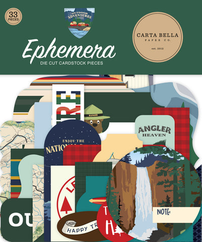 Outdoor Adventure Ephemera Die Cut Cardstock Pack.  Pack includes 33 different die-cut shapes ready to embellish any project.
