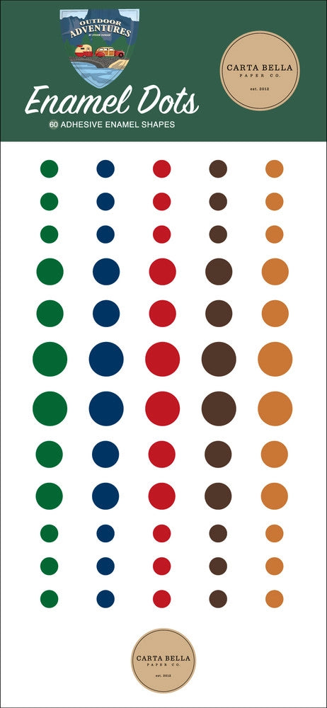 Enamel Dots from the Outdoor Adventure Collection by Carta Bella Paper will add an artist's touch to your cards and craft projects. Package includes 60 enamel dots in a range of sizes in navy blue, red, brown, mustard & green. 
