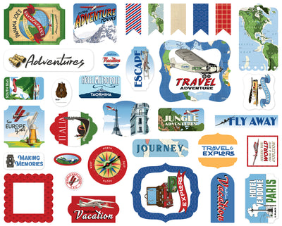 Our Travel Adventure Ephemera Die Cut Cardstock Pack.  Pack includes 33 different die-cut shapes ready to embellish any project.
