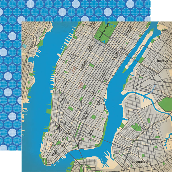 Multi-Colored (Side A - map of New York City. Side B - rows of white and blue globes on a dark blue background)