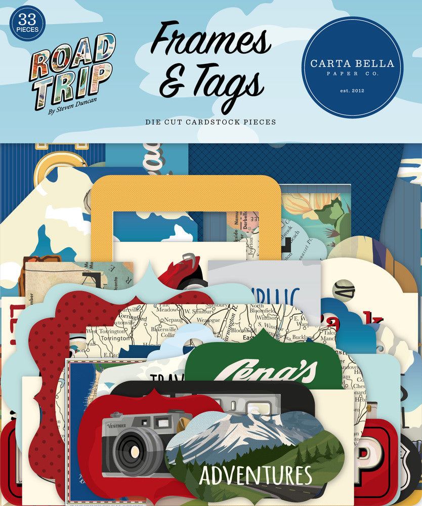 Road Trip Frames & Tags Die Cut Cardstock Pack. Pack includes 33 different die-cut shapes ready to embellish any project. Package size is 4.5" x 5.25"