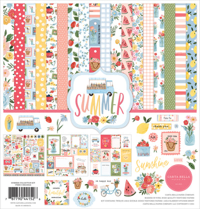 12x12 Collection Kit for papercrafts includes 12 double-sided papers with images and phrases about summertime fun. Includes Element Sticker Sheet.