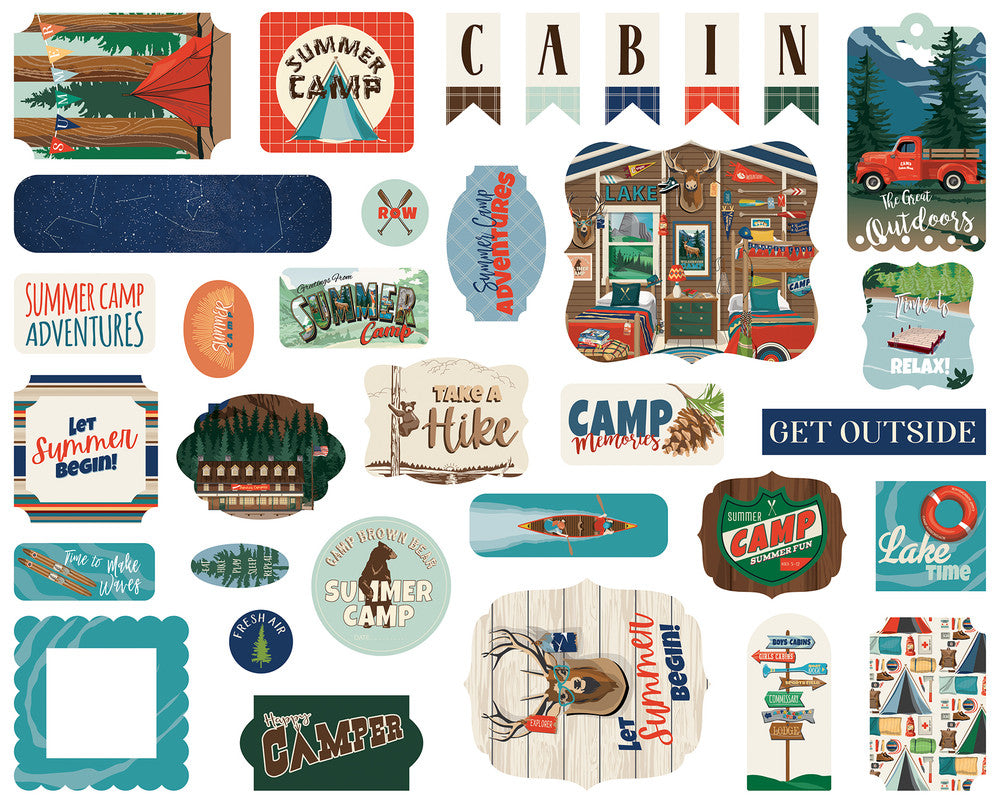 Summer Camp Ephemera Die Cut Cardstock Pack includes 33 different die-cut shapes ready to embellish any project.