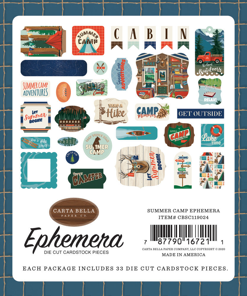 Summer Camp Ephemera Die Cut Cardstock Pack includes 33 different die-cut shapes ready to embellish any project.
