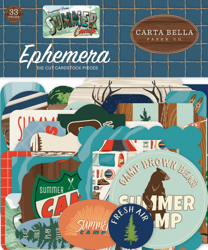 Summer Camp Ephemera Die Cut Cardstock Pack includes 33 different die-cut shapes ready to embellish any project.