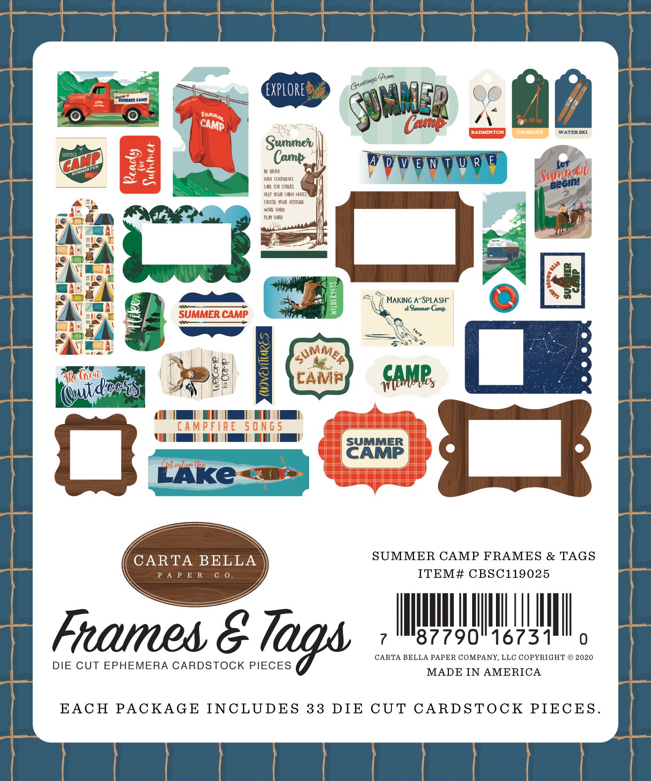 Summer Camp Frames & Tags Die Cut Cardstock Pack.  Pack includes 33 different die-cut shapes ready to embellish any project. 