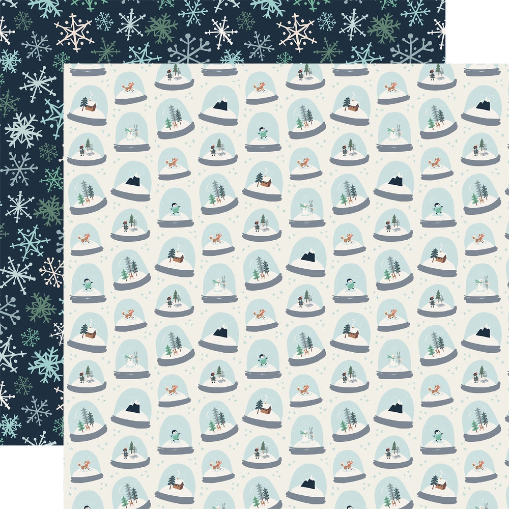 Rows of snowglobes with winter scenes on an off-white background. The reverse is many different snowflake designs in light blue, white, and dark green over a navy blue background.