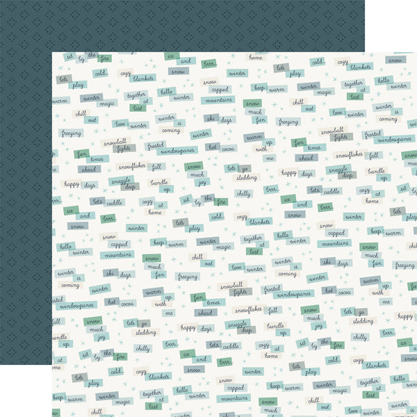 Winter phrases in different colored rectangles with little blue sparkles on a white background; the reverse is a navy blue diamond pattern all over a dark blue background.
