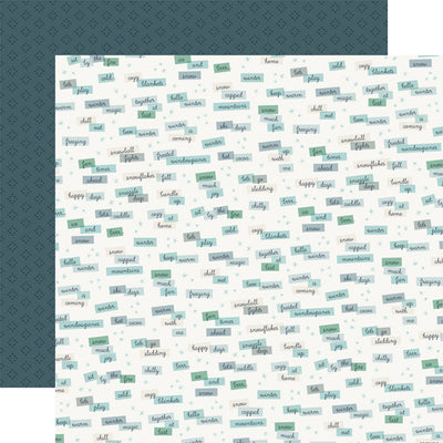 Winter phrases in different colored rectangles with little blue sparkles on a white background; the reverse is a navy blue diamond pattern all over a dark blue background.