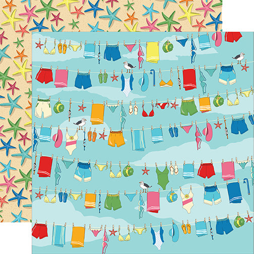 12x12 double-sided. Multiple colors - (Side A - bright, fun, horizontal rows of beach clothing strung up on clothing lines on turquoise blue, sky pattern background , Side B - multiple, bright solid colored starfish on sandy beach background)