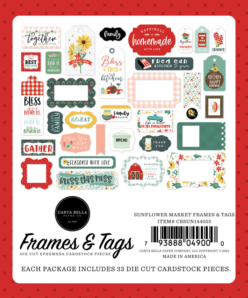 Sunflower Market Frames & Tags Die Cut Cardstock Pack includes 33 different die-cut shapes ready to embellish any project.