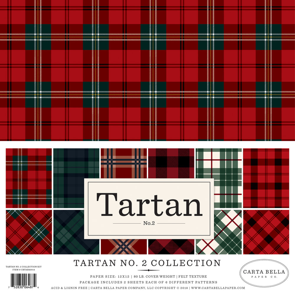 TARTAN No. 2 Assorted 12x12 Paper Pack with 12 sheets and 6 tartan patterns by Carta Bella Paper Co.