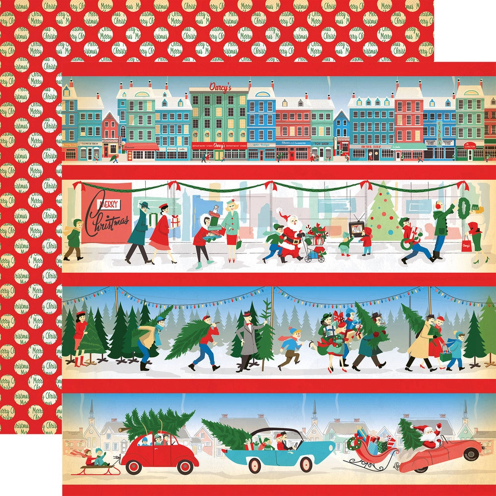 Double-sided 12x12 cardstock with Christmas border strips; the reverse is a red background with off-white polka dots.