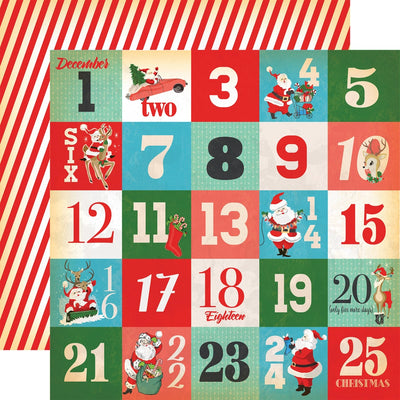 Double-sided 12x12 cardstock with 25 squares counting down to Christmas; the reverse is a red and off-white candy cane stripe.