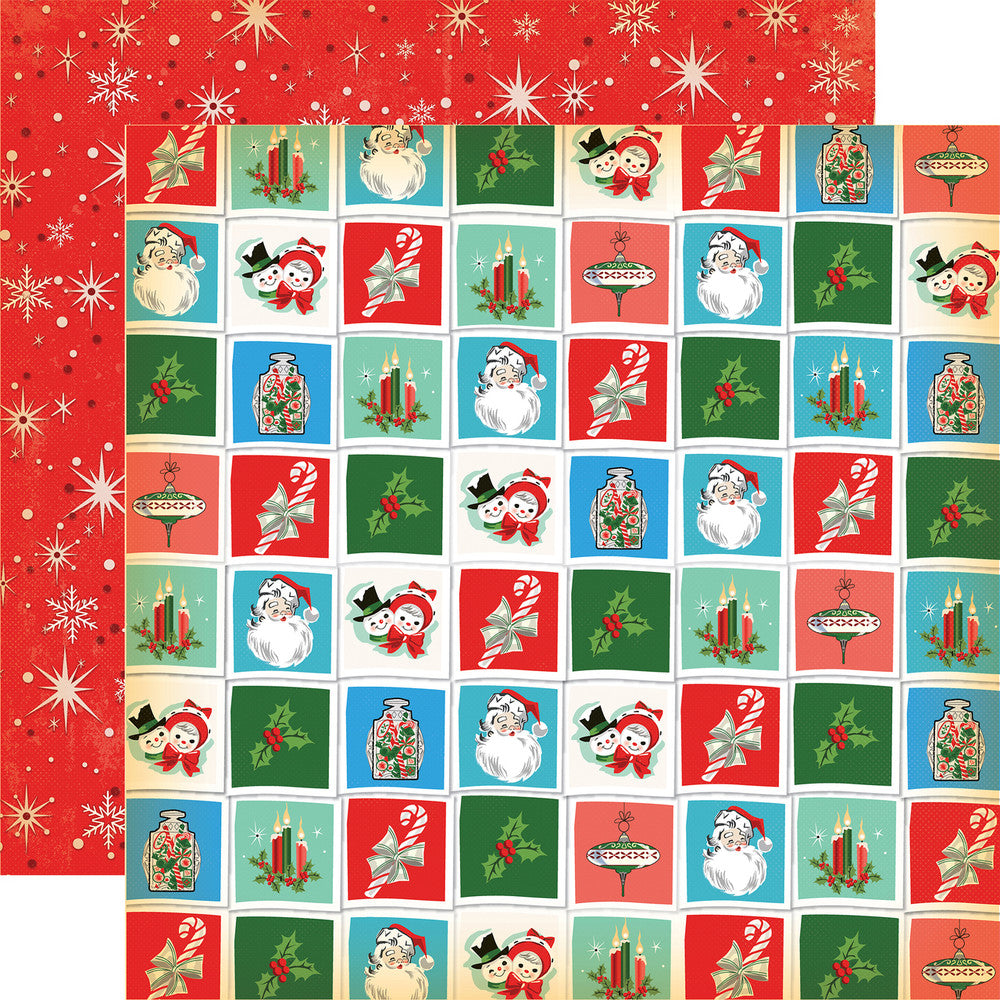 Double-sided 12x12 cardstock with squares showing different Christmas icons; the reverse is a red background with sparkles and snowflakes.