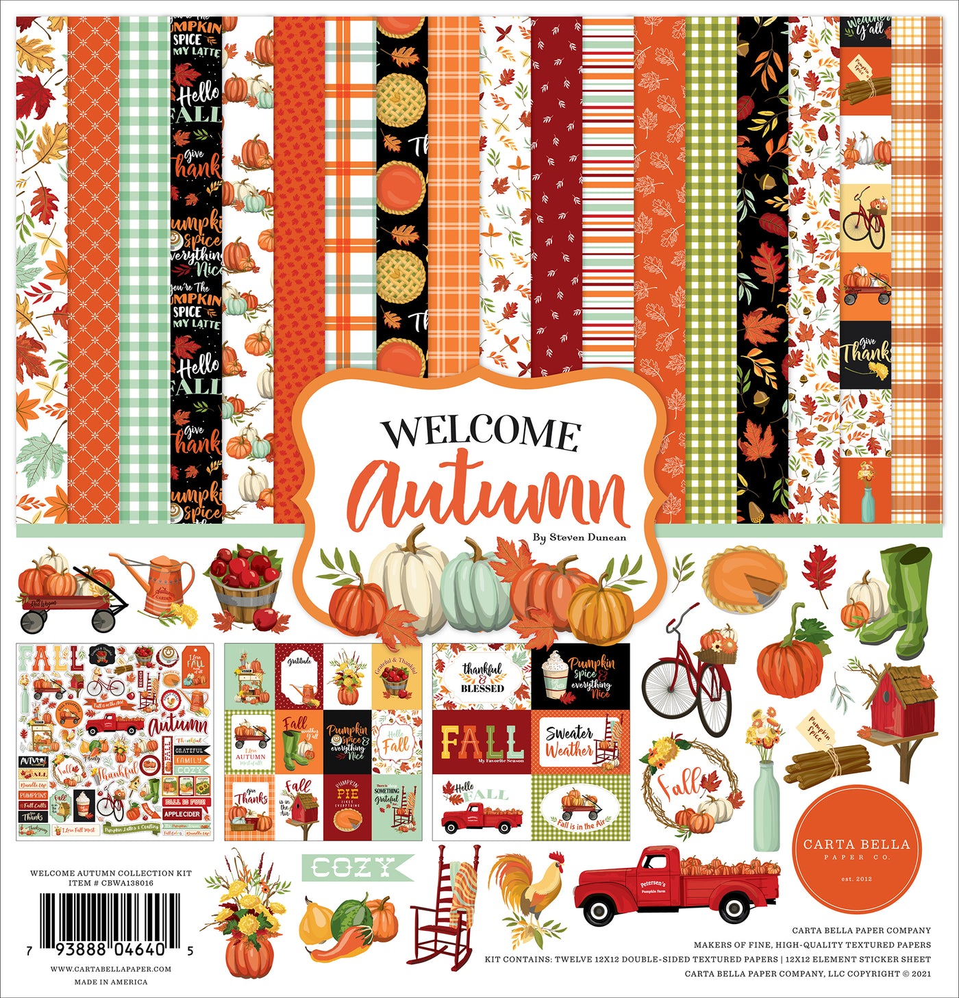 This Collection Kit is part of the Welcome Autumn Collection designed by Steven Duncan for Carta Bella Paper. The sticker sheet consists of a cute red truck, words, and phrases, banners, tags, bikes, a wagon full of pumpkins, other fall fruits, vegetables, etc. You will be able to create cards and other projects with the papers and then add the stickers as embellishments and focal points, so many options with this kit. 