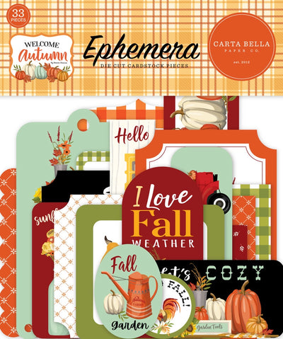 Welcome Autumn Ephemera Die Cut Cardstock Pack. Pack includes 33 different die-cut shapes ready to embellish any project. Package size is 4.5" x 5.25"