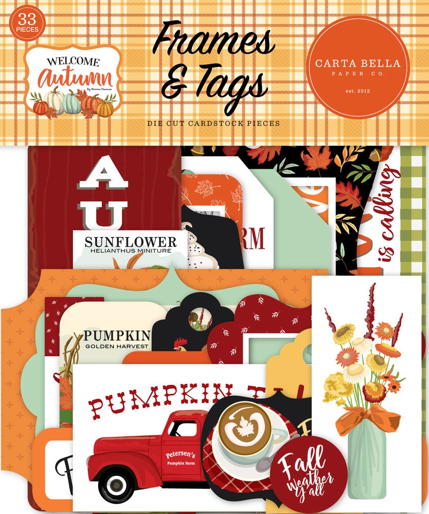 Welcome Autumn Frames & Tags Die Cut Cardstock Pack includes 33 different die-cut shapes ready to embellish any project.
