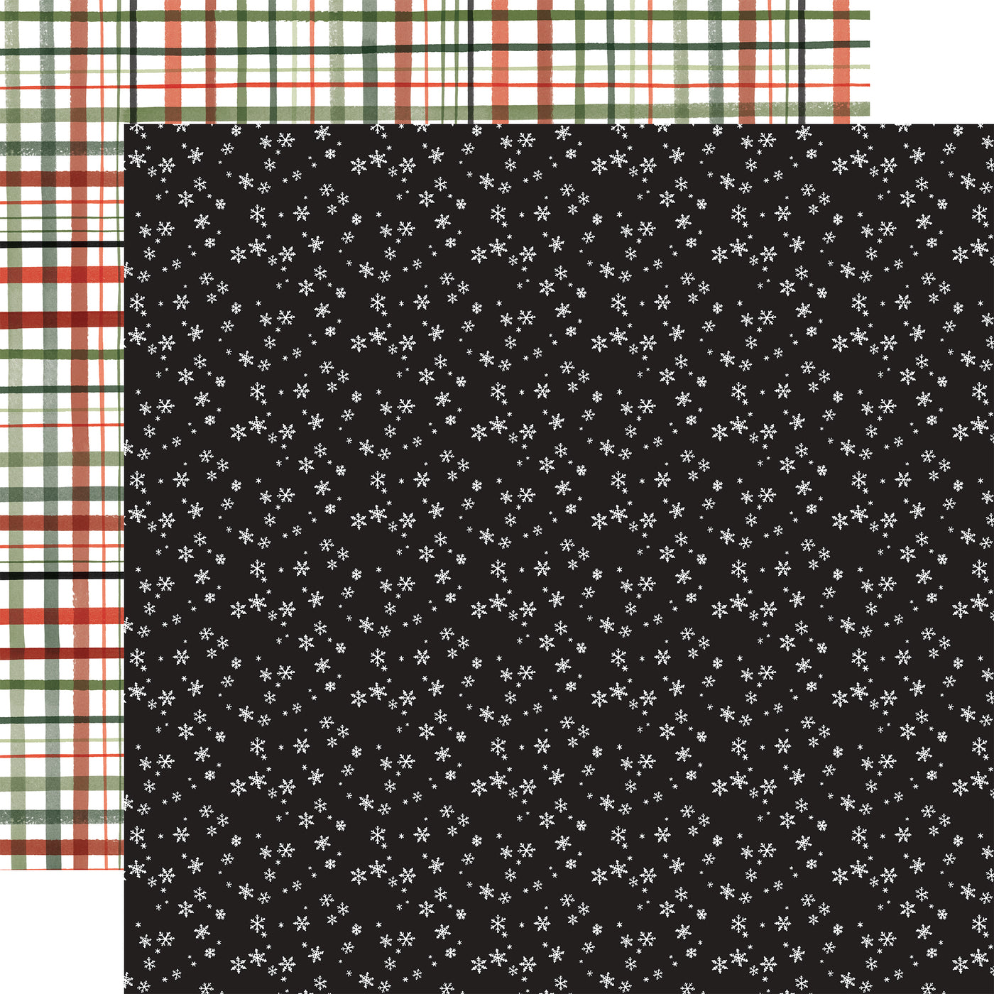 Side A - white snowflakes on black background.  Side B - red and green Christmas plaid.