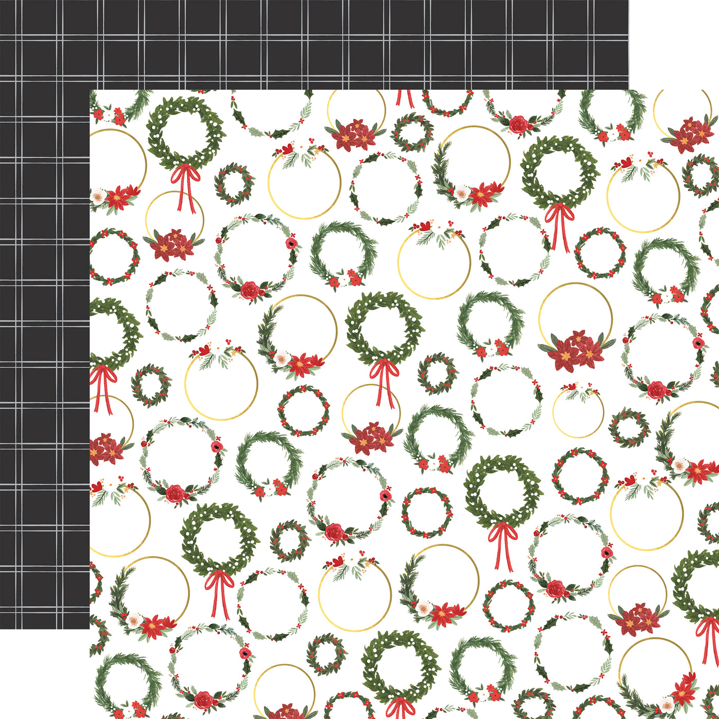 Side A - Christmas wreaths on white background. Side B - Black and white plaid.