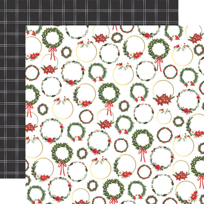 Side A - Christmas wreaths on white background. Side B - Black and white plaid.