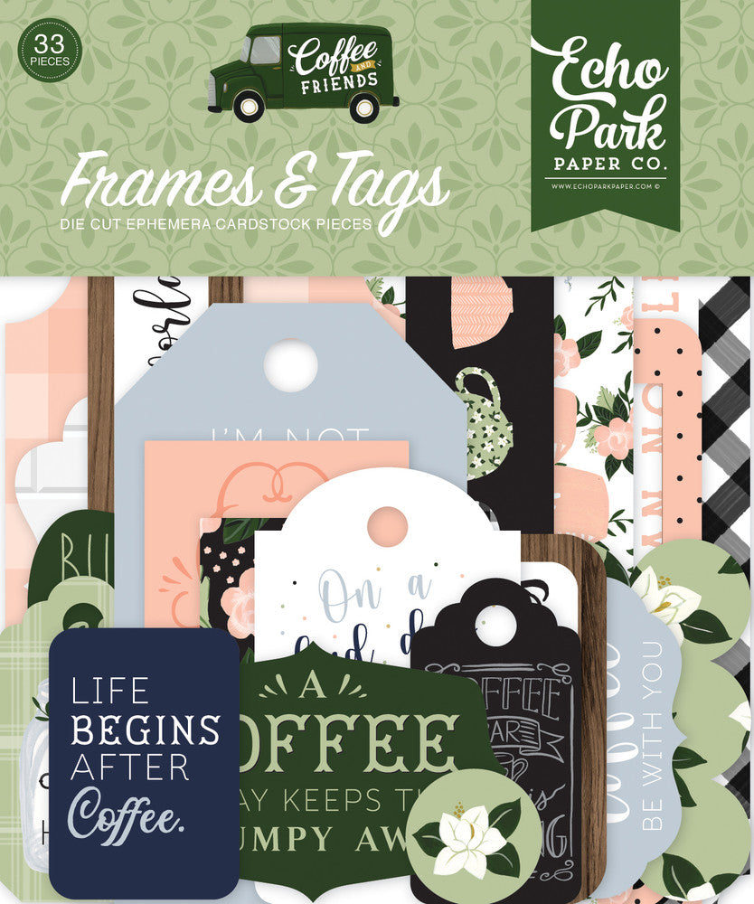 Coffee & Friends Frames & Tags Die Cut Cardstock Pack. Pack includes 33 different die-cut shapes ready to embellish any project. Package size is 4.5" x 5.25"
