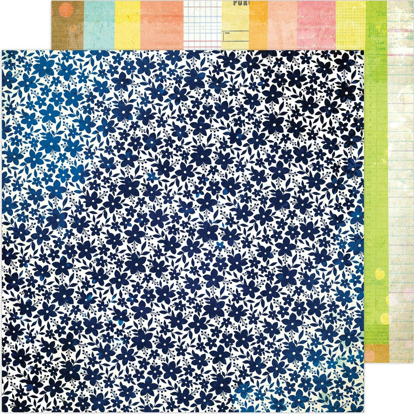 (Side A - navy blue floral on a distressed white background, Side B - paper scrap stripes in multiple pastel colors and patterns)