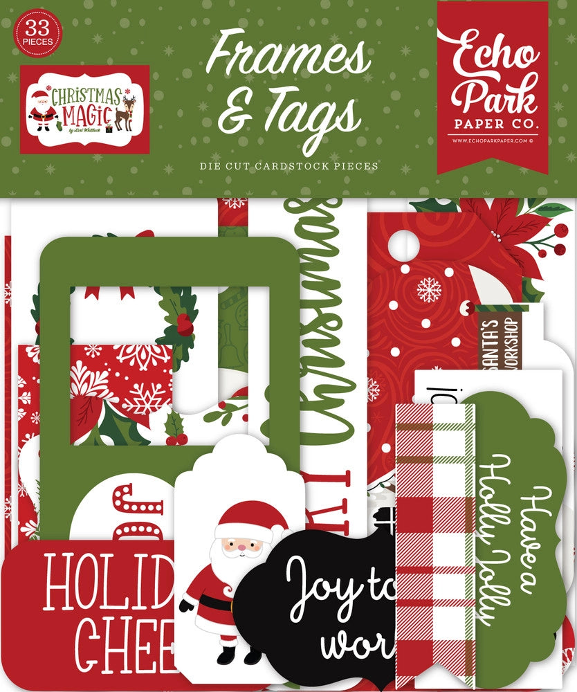 Christmas Magic Frames & Tags Die Cut Cardstock Pack. Pack includes 33 different die-cut shapes ready to embellish any project. Package size is 4.5" x 5.25"