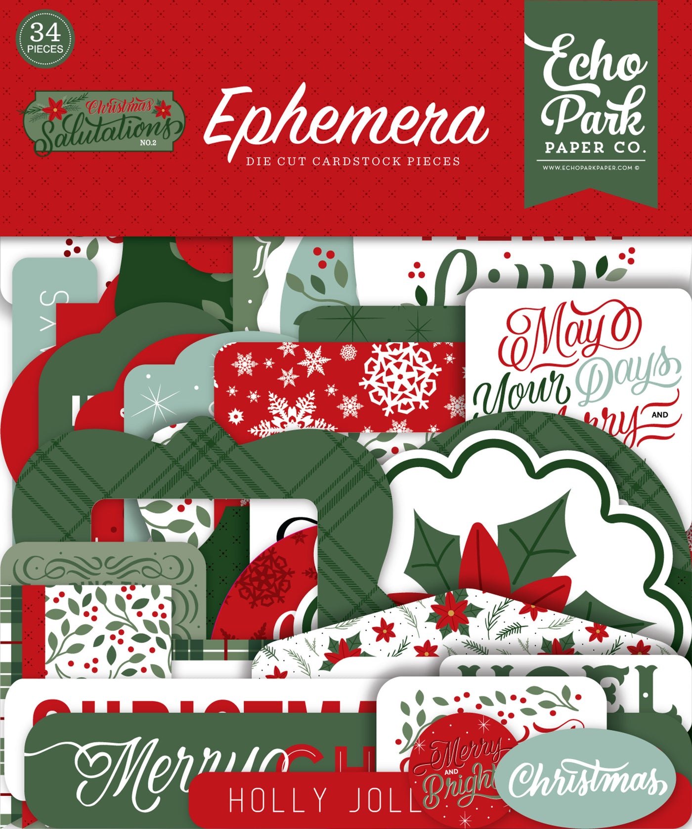 Christmas Salutations No. 2 Ephemera Die Cut Cardstock Pack. Pack includes 34 different die-cut shapes ready to embellish any project. Package size is 4.5" x 5.25"