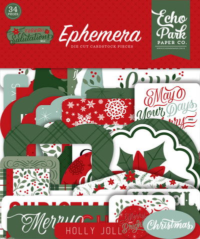 Christmas Salutations No. 2 Ephemera Die Cut Cardstock Pack. Pack includes 34 different die-cut shapes ready to embellish any project. Package size is 4.5" x 5.25"