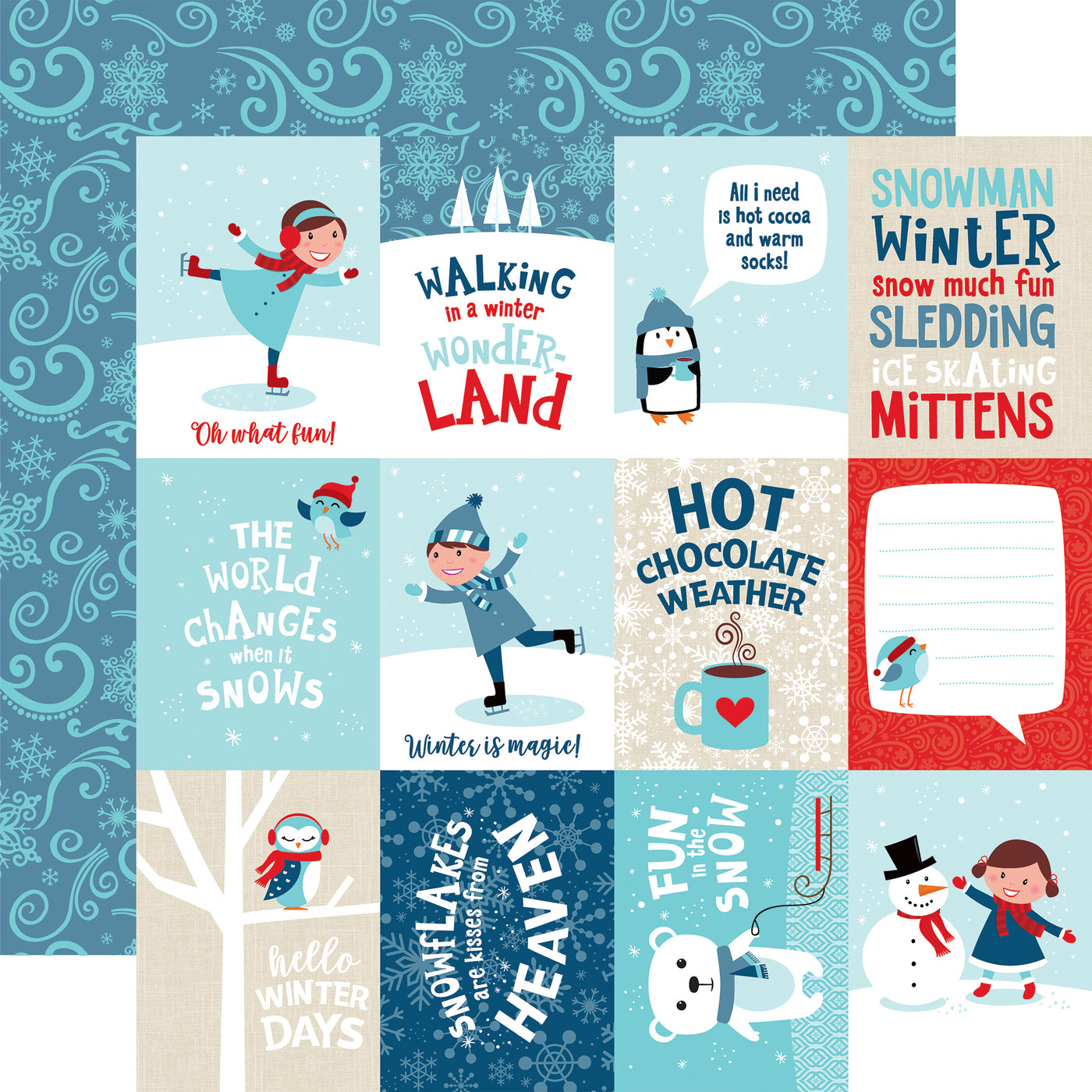 Multi-Colored (Side A - 3x4 journaling cards showing various winter scenes and phrases, Side B - blue snowflakes swirls on a navy blue background)