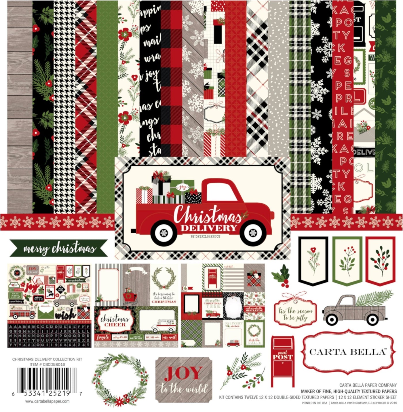 CHRISTMAS DELIVERY Collection Kit from Carta Bella Paper Co. includes coordinated designer 12x12 cardstock designs