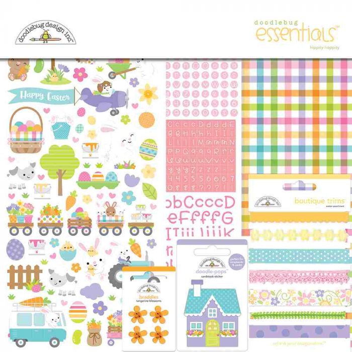 Hippity Hoppity Essentials Kit from Doodlebug Design. This kit includes double-sided papers, trims, shape sprinkles, alphabets and numbers, icons, stickers, etc.