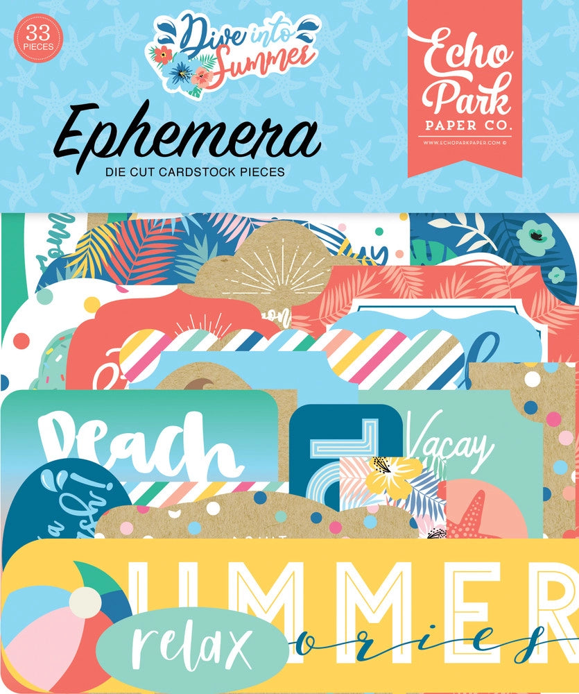 Dive Into Summer Ephemera Die Cut Cardstock Pack. Pack includes 33 different die-cut shapes ready to embellish any project. Package size is 4.5" x 5.25"