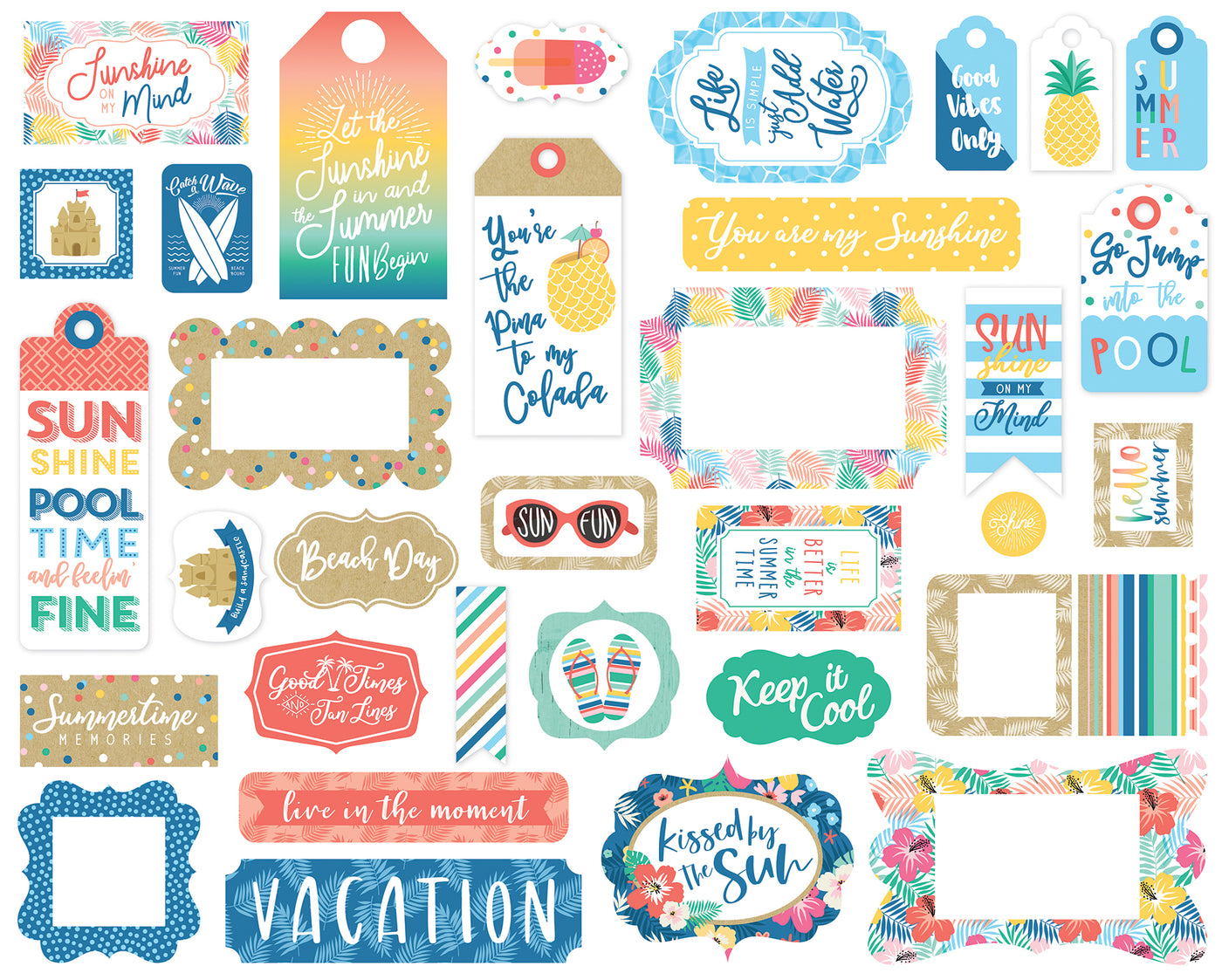 Dive Into Summer Frames & Tags Die Cut Cardstock Pack.  Pack includes 33 different die-cut shapes ready to embellish any project.