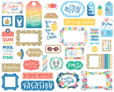 Dive Into Summer Frames & Tags Die Cut Cardstock Pack.  Pack includes 33 different die-cut shapes ready to embellish any project.