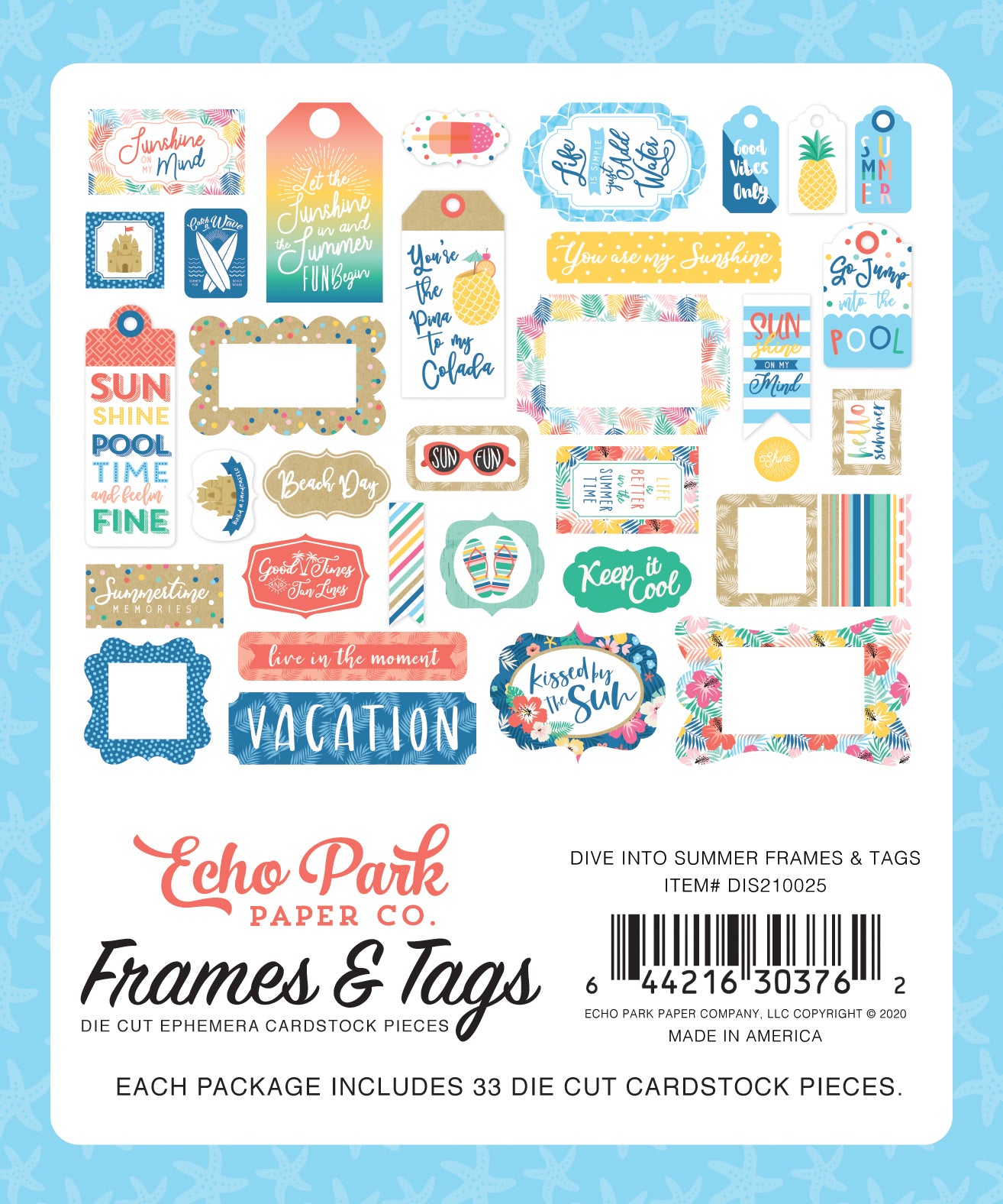 Dive Into Summer Frames & Tags Die Cut Cardstock Pack.  Pack includes 33 different die-cut shapes ready to embellish any project.