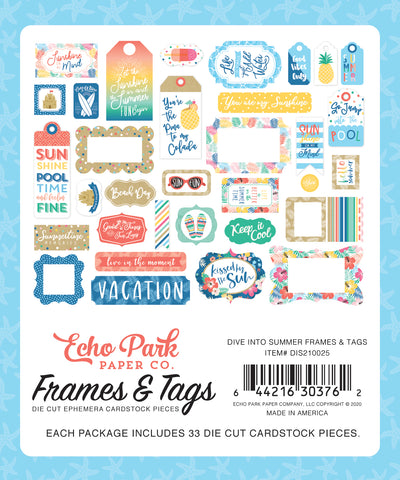 Dive Into Summer Frames & Tags Die Cut Cardstock Pack.  Pack includes 33 different die-cut shapes ready to embellish any project.