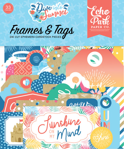 Dive Into Summer Frames & Tags Die Cut Cardstock Pack.  Pack includes 33 different die-cut shapes ready to embellish any project.