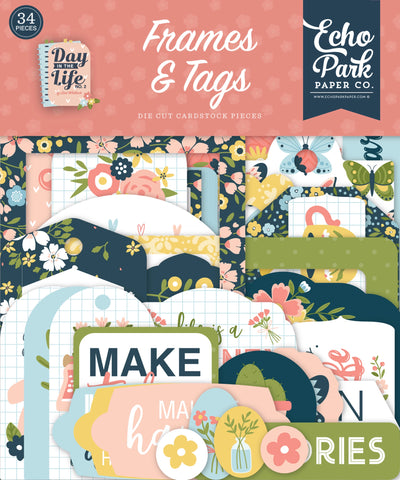Day In the Life No. 2 Frames & Tags Die Cut Cardstock Pack. Pack includes 34 different die-cut shapes ready to embellish any project. Package size is 4.5" x 5.25"