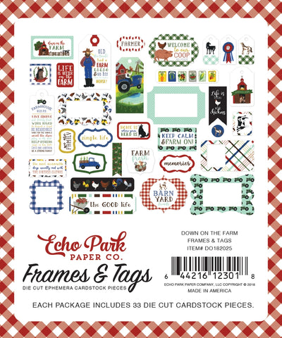 Down on the Farm Frames & Tags Die Cut Cardstock Pack. Pack includes 33 different die-cut shapes ready to embellish any project. Package size is 4.5" x 5.25"