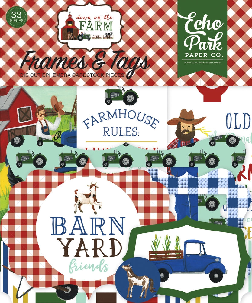 Down on the Farm Frames & Tags Die Cut Cardstock Pack. Pack includes 33 different die-cut shapes ready to embellish any project. Package size is 4.5" x 5.25"