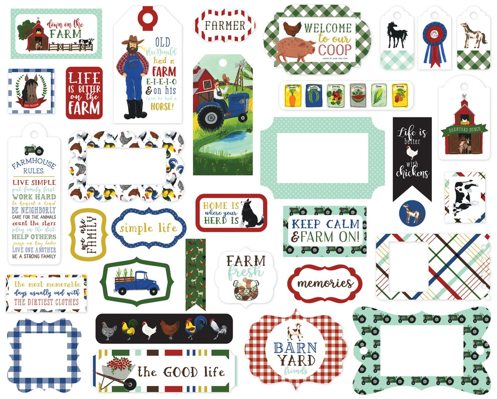 Down on the Farm Frames & Tags Die Cut Cardstock Pack. Pack includes 33 different die-cut shapes ready to embellish any project. Package size is 4.5" x 5.25"