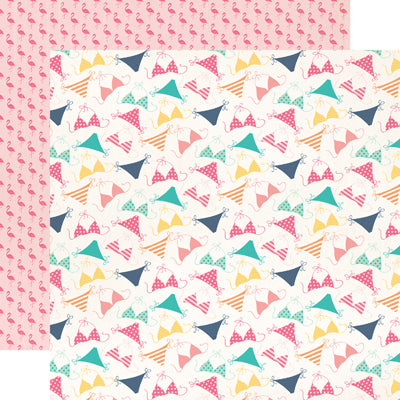 Multi-colored (Side A - fun, colorful bikini tops and bottoms on a cream background, Side B - rows of hot pink flamingos on a pink background)