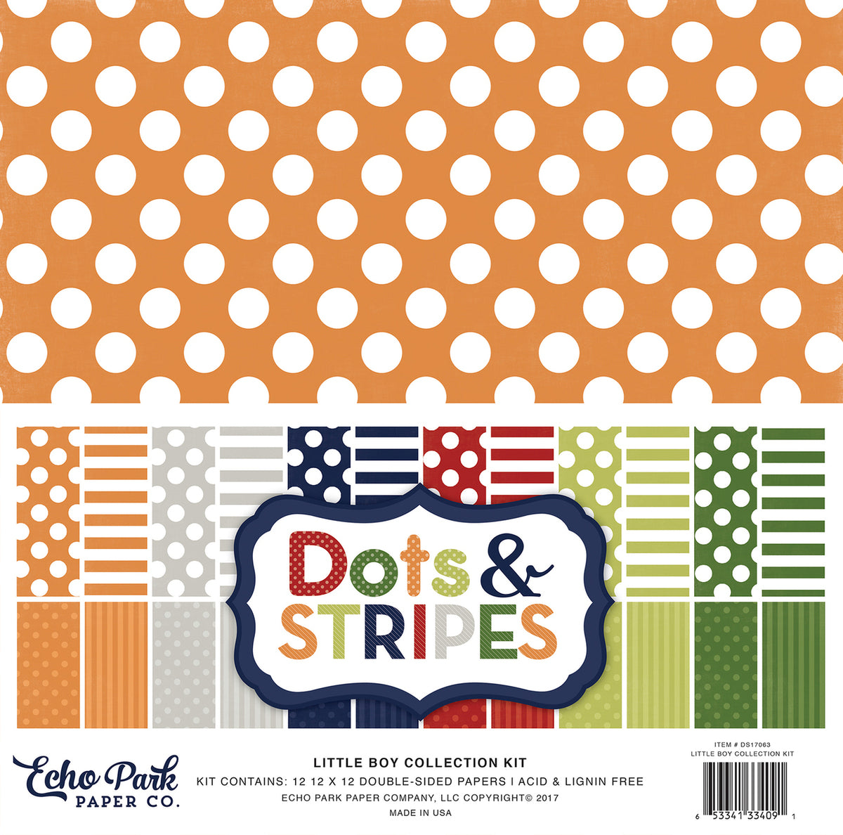 Little Boy Dots and Stripes has 12 unique patterned papers in colors reminiscent of boys - Echo Park Paper