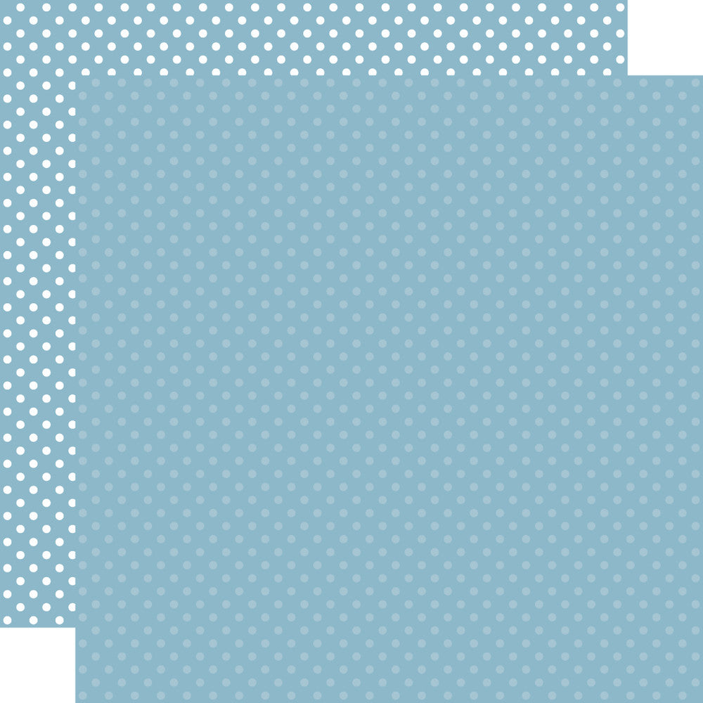 Double-sided 12x12 cardstock sheets - Dusty Blue with little white polka-dots, dusty blue with little blue polka-dots reverse. 65 lb. smooth cardstock. -Echo Park