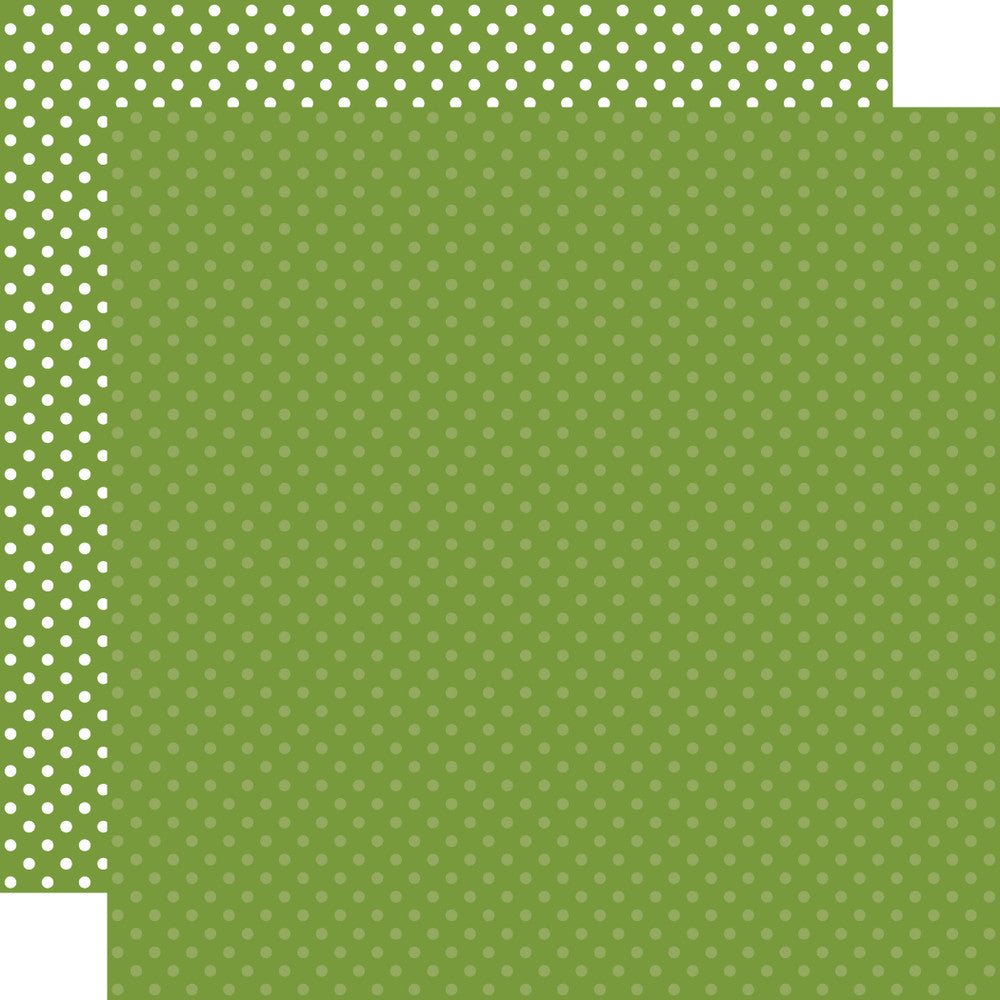 Double-sided 12x12 cardstock sheets of - Leaf Green with little white polka-dots, Leaf Green with little green polka-dots reverse. 65 lb. smooth cardstock. -Echo Park