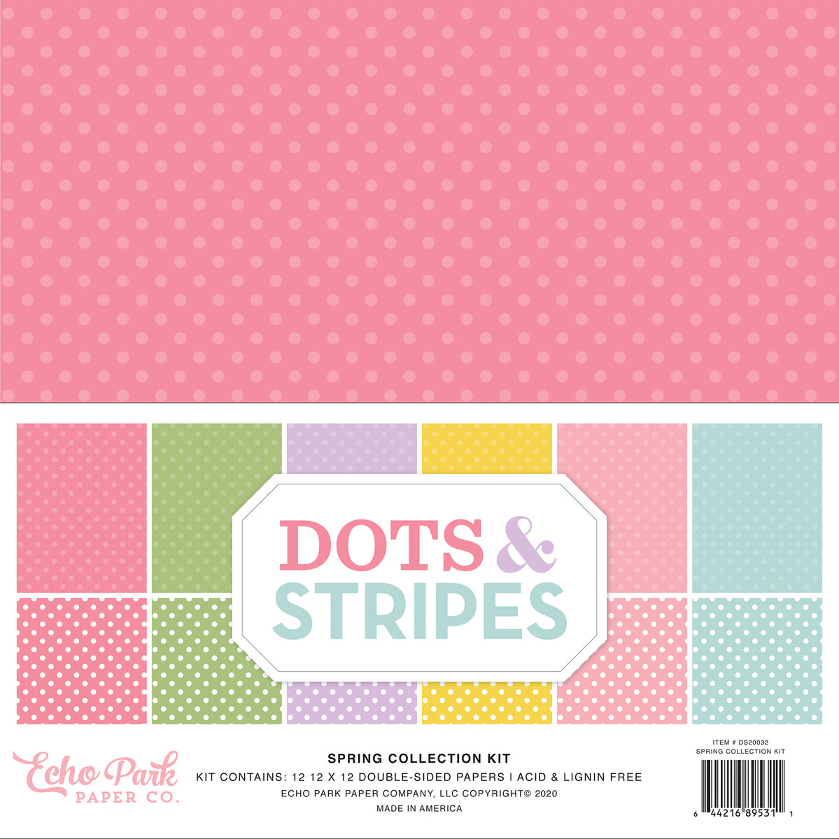 Spring Dots Collection Kit includes 12 double-sided patterned papers in six pastel colors for spring - Echo Park Paper