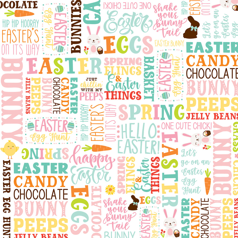 12x12 patterned cardstock full of colorful words and phrases with Easter theme 